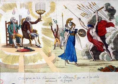 Lumieres yüzyılı: filozoflar Jean Jacques Rousseau ve Voltaire, geçmişten günümüze insanları aydınlatıyor - alegori by Unknown artist