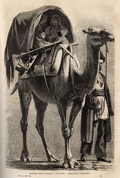 Hüseyin şehidini anma alayı, şehitlerin ve tövbe edenlerin vefatından sonra, kadınlar, aile reisinin rehberliğinde yarı develere gizlenerek alaya katılırlar. Kafkas eyaletlerindeki yolculuğu göstermek için gravür by Unknown artist