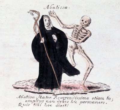 Ölümün dansı, başrahibe ve iskelet (Baskı) by Unknown artist