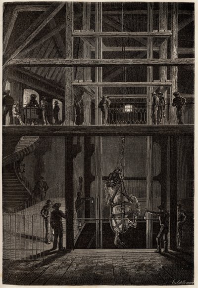 Kömür arabalarının taşınması için yeraltı tünellerinde kullanılan Creusot madenlerinde bir atın inişi. 1865