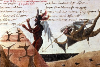 14. yüzyılda Dante Alighieri (1265 - 1321) tarafından yazılan Divina Commedia'nın (İlahi Komedya) el yazısı baskısından sonra cehennem çemberindeki şeytanlar. Bibl.Trivulziana Milan. by Unknown artist