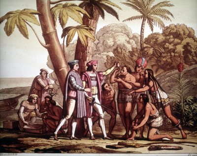 Amerika'ya vardığında Christopher Columbus'a görünen ilk Kızılderililer, - Jules Ferrario'nun “Eski ve modern kostümü”nde by Unknown artist