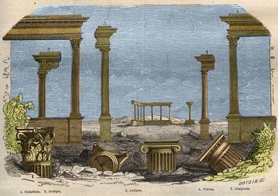 Klasik (antik) mimarinin beş düzeni: Korint, Dor, İyonik, Toskana ve bileşik, her biri bir sütunla temsil edilir. “Le Musee Des Sciences”da 1857