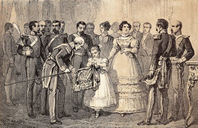 Gelecekteki İspanya Kraliçesi Isabella II (Bourbon'lu Isabella) (1830-1904) (Espana'lı İsabel II) Aziz Ferdinand Nişanı'nın (San Fernando) Muhafızlarının Mızraklarının bayrağını süslüyor. Litograf. by Unknown artist