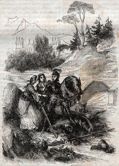 Roger (Ruggero, Ruggiero) tarafından mağlup edilen dev Eriphile - Ludovico Ariosto tarafından “Öfkeli Roland”dan (Orlando furioso) (16. yüzyıl) 1851 gravürü, Ariosta olarak bilinir - Tressan Kontu tarafından İtalyanca