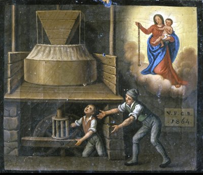 Genç bir işçinin eli değirmen taşına sıkıştı. by Unknown artist