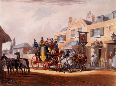 Bir handa bir durak sırasında bir gayretin at rölesi. 19. yüzyıl Özel Koleksiyonunun Baskıları by Unknown artist