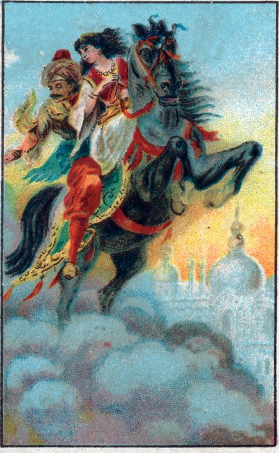 Sızıntı. “”Binbir gece””””deki “”büyülü atın hikayesi”””” (1001 gece veya Le mille e una notte, Binbir Gece Masalları). 19. yüzyılın sonlarında kromolitografi. by Unknown artist