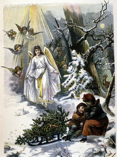 Noel ağacının efsanesi: bir meleğin görünüşü. 19. yüzyılın illüstrasyonu. by Unknown artist