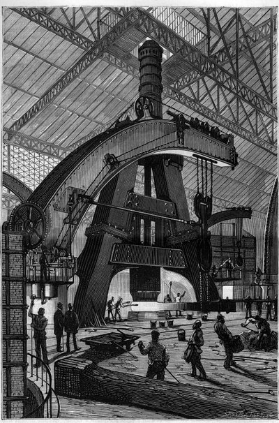 Metal endüstrisi: Forge. Schneider ve Compagnie fabrikalarında kurulan Creusot buharlı çekici (davulcu çekici). “” La Nature” da gravür by Unknown artist