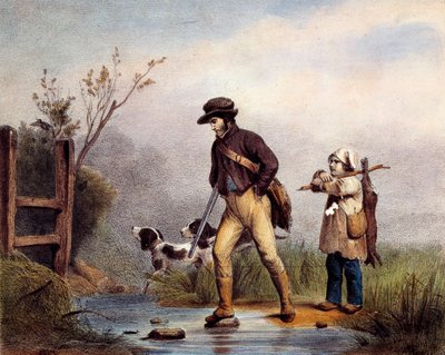 Geçitte, bir su yolunu yürüyerek geçen avcılar var. 19. yüzyıl Gien litografisi, av müzesi by Unknown artist