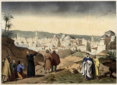 Pelerinler Kudüs şehrine varırlar. 19. yüzyılın ortalarından anonim gravür - “” Ailelerin Büyük İlmihalinde””. by Unknown artist