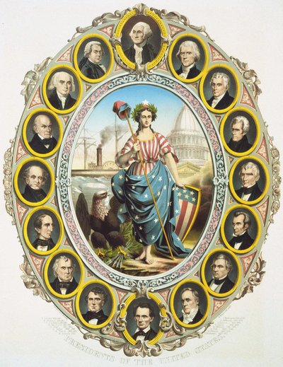 Ortada Amerika sembolü olan Amerika Birleşik Devletleri başkanları. Yukarı, Washington ve aşağı Abraham Lincoln. 1861