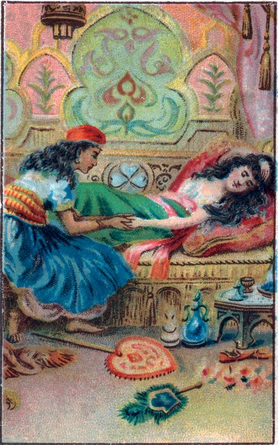 Prenses gerçekleri. Masal “Binbir gece”deki “büyülü atın hikayesi”” (1001 gece veya Le mille e una notte, Binbir Gece Masalları). 19. yüzyılın sonlarında kromolitografi. by Unknown artist