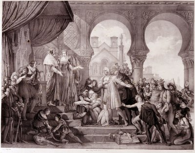 Kristof Kolomb'un Amerika'yı keşfettikten sonra Aragon Kralı II. Ferdinand ve Kastilya Kralı 1. Isabella'dan (Katolik olarak anılır) önce İspanya'ya dönüşü. 19. yüzyılın gravürü. by Unknown artist