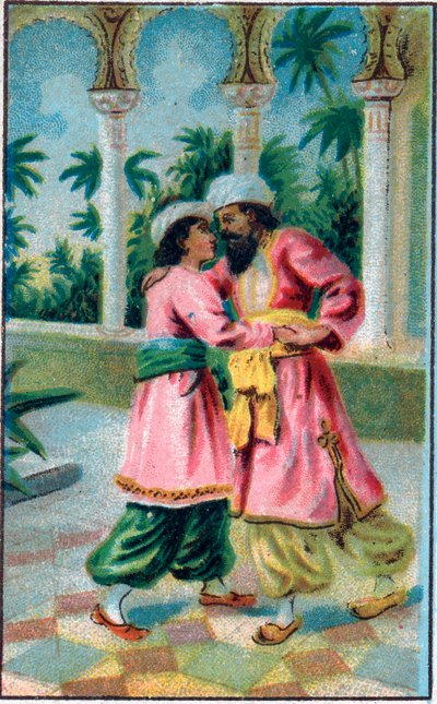 Prensin dönüşü. “”Binbir gece””””deki “”büyülü atın hikayesi”””” (1001 gece veya Le mille e una notte, Binbir Gece Masalları). 19. yüzyılın sonlarında kromolitografi. by Unknown artist