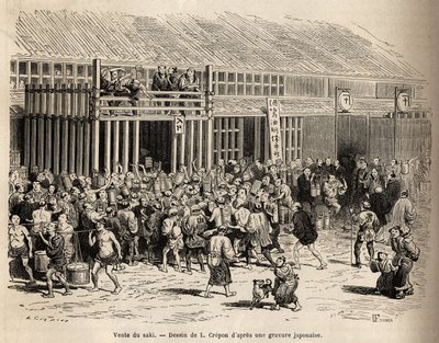 Yeni içecek için müzayedenin başladığının duyurusunun bir ifadesi olan sake satışı, bira üreticileri, satıcılar ve alıcıları, kovalar, fıçılar ve çeşitli alıcılarla donatılmış, müzayedeyi, partileri alan biracıları, satıcıları ve alıcıları bir araya getiri by Unknown artist