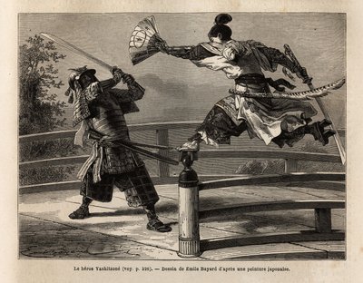 Bir köprünün bariyerinde dengede duran samuray Yashitsune, zırhlı bir samuraya saldırır. İsviçre Konfederasyonu bakanı Aime Humbert tarafından 1863-1864