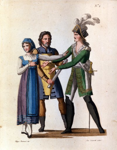 Şarkıcılar Savino Monelli (Bertrando), Teresa Bello (Isabella) ve Filippo Galli (Tarabotto), Gioacchino Rossini