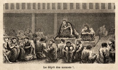 Adaletin aşamaları: Suçların depolandığı, hepsi aynı hücrede, çoğu zaman uzun süre pele mele toplayan, sanıklar daha fazla rahatlık elde edebilir, örneğin, iki mahkum, yukarı çıkmalarına izin veren paspaslar elde etti (yukarıda) döşeme zemini, bir by Unknown artist