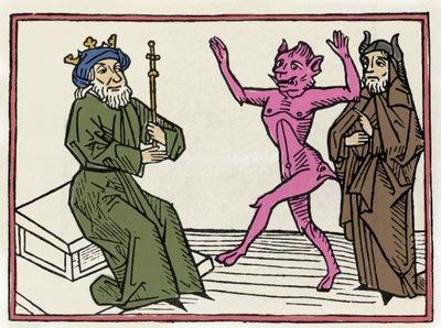 Belial'in duruşması: “” İblis Belial, Yargıç Süleyman'ın önünde dans ediyor””” Jacobus de Teramo (veya Palladino), Ausburg'a ait “Belial'in Yargılanması”ndan gravür by Unknown artist