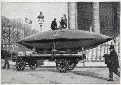 Deneyler için taşınan sualtı teknesi (denizaltı) “Le Goubet”, Paris