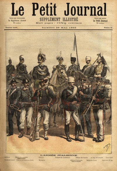 İtalyan ordusunun üniformaları, soldan sağa bir at: topçu, süvari subayı, general, jandarma albay, kılavuzların subayı, 10. mızrak alayı, yüzüncü. Ayakta soldan sağa: karabina, th by Unknown artist
