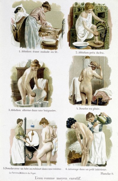 Kadın, ev doktoru: iyileştirici bir araç olarak su. 1.Yatakta hasta bir kişinin iksiri, 2.Ateşte iksir, 3.Küvette dönüşümlü iksir, 4.Yağmur duşu, 5.Mutfağın musluk hortumlu duşu, 6.Küçük bir iç mekanda sulama - “ Kadın, ev doktoru”” by Unknown artist