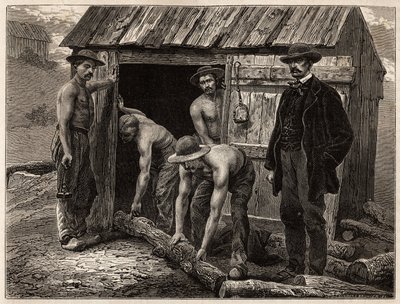 Montchanin madeninin ahşap işçileri, onları eğimli kuyuya atıyor; kostümlü, madenin baş mühendisi manevraları denetler. 1865