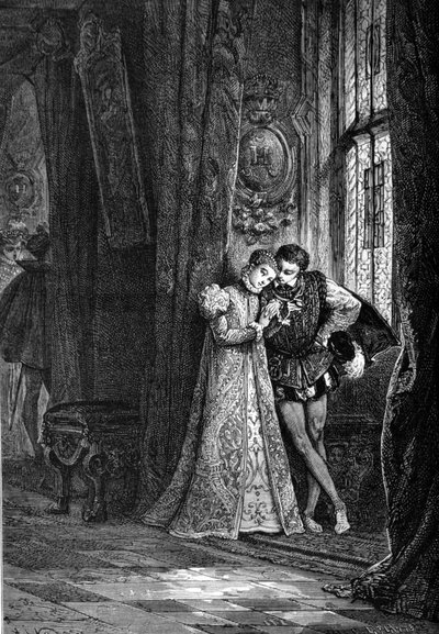 Genç nişanlıları Marie Iere Stuart (1542 - 1587) ve II. François (1544 - 1560), sırlarını saklamak için kendilerini bir kenara bırakmayı severdi. 19. yüzyılın gravürü. by Unknown artist