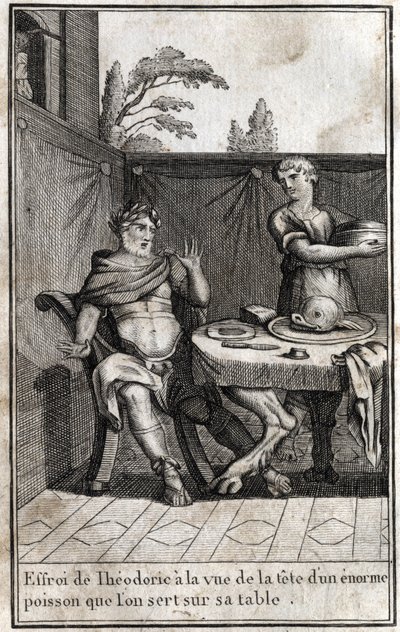 Gotların kralı Theodoric the Great (yaklaşık 454/455-526), masasında hizmet veren büyük bir balığın başını görünce korkar. P. J. B. N. 1814