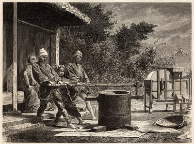 Pirinç değirmenini işleten üç köylü. Edouard Charton başkanlığında yayınlanan “Le tour du monde, nouveau dergi des voyages” da İsviçre Konfederasyonu bakanı Aime Humbert tarafından 1863-1864