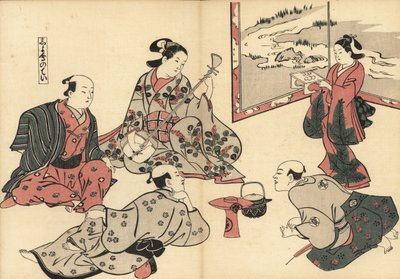 Üç samuray, bir fahişenin shamisen çalmasını dinlerken, bir kamuro tepsiye yiyecek getirir. Fuzoku Emakimono'dan Masanobu Okumura (1686-1764) tarafından tahta baskı, Su Ticaretinin Resimli Parşömeni, Tokyo, 1880 dolaylarında yeniden basım. by Unknown artist