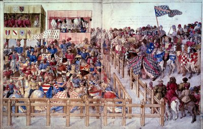 Turnuva: Dönen şövalyeler, lordların tribünlerinin önündeki yarışmada yemin ederler. “Traite des turnuvalarda” minyatür” by Unknown artist