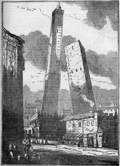 Bologna kuleleri - Asinelli kulesi ve daha küçük Garisenda kulesi - 19. yüzyıl oyma by Unknown artist