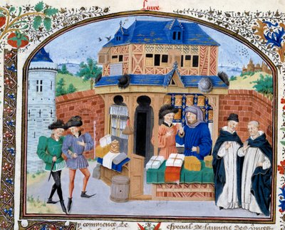 Ticaret: bir tüccar dükkanı. Nicolas Oresme (1325-1382) tarafından tercüme edilen Yunan filozof Aristoteles