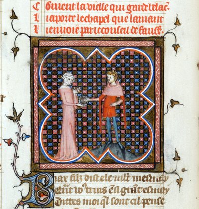 ""Genç bir adam ve yaşlı bir kadın"" Guillaume de Lorris (1200-1238 civarında) ve Jean de Meun (Meung) (1240-1305) tarafından 1353 civarında İsviçre tarafından yazılan "Le Roman de la Rose" adlı el yazmasından ışıklı sayfa Cenevre Kütüphanesi by Unknown artist