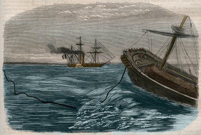Sualtı telgraf hatları: Bir denizaltı kablosunun döşenmesi (denizaltı) 1857 gravürü. by Unknown artist