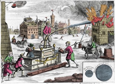 İtfaiye tarafından bir yangın pompasının kullanılması. Georg Andreas Bockler (1644-1698) tarafından “Theatrum Machinarum novum”dan gravür by Unknown artist