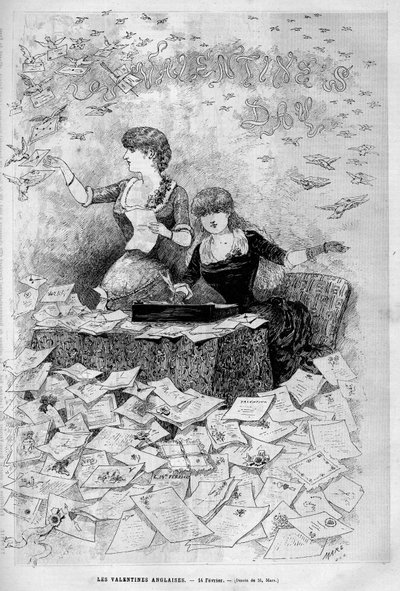 Sevgililer Günü (Sevgililer Günü) 14 Şubat: İngilizce Sevgililer, sevgililerinden aşk mektupları yazar ve alırlar. Gravür “Le Monde şanlı” 1883. Özel koleksiyon. by Unknown artist