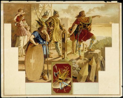 Galyalılar, savaşçılar, kadınlar ve çocuklarla çevrili Vercingétorix - Kromolitografi by Unknown artist