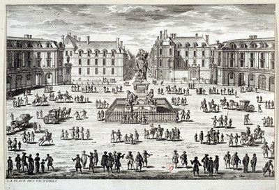 1686 yılında marechal de la Feuillade tarafından kaldırılan Louis XIV heykeli ile Paris'te Place des Victoires'ın görünümü. 17. yüzyıl Paris'inin gravürü, Musee Carnavalet by Unknown artist
