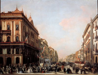 Karnaval şamandıralı Venezia caddesinin görünümü, Milano (resim) by Unknown artist