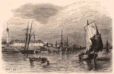 Lorient Limanı'nın görünümü, Morbihan, Brittany, Fransa: ön planda yelkenliler ve tekne, arka planda liman binaları ve deniz feneri by Unknown