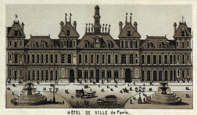 Paris ve Place belediye binasının görünümü. 19. yüzyılın sonunun kromolitografisi. by Unknown artist