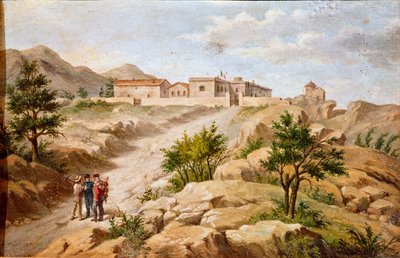 İtalyan vatansever ve Risorgimento Giuseppe Garibaldi (1807-1882) a Caprera (Sardunya) Garibaldi kahramanlarının evinin görünümü, resmin solunda iki köylü ile birlikte. 19. yüzyıl Roma Museo del Risorgimento