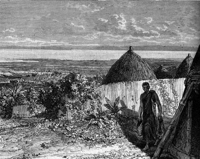Albert Nyanza Gölü (veya Albert Gölü), Afrika kıyısındaki köy. “” Le Journal de la jeunesse” üzerine gravür by Unknown artist