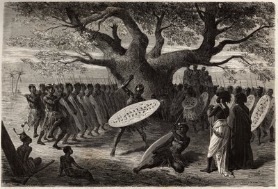 Landines veya caffres-zulus, bir Sena (Zambese Nehri bölgesi, Mozambik) savaşçı egzersizleri. 1840