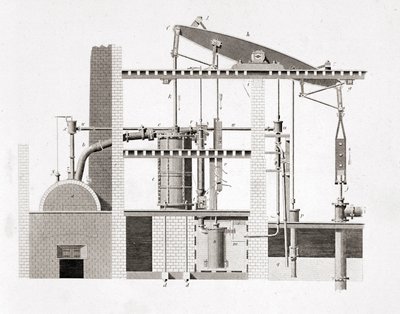Watt buhar makinesi. Şema. 19. yüzyıl gravürü by Unknown artist