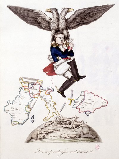 Kim de kötü kucaklar: Avrupa çapında ölüm ektikten sonra, Napolyon bir kartal tarafından taşınan Elba adasına katılır - “” Napolyon 1, karikatürler, kukla koleksiyonu””, c. 1814 by Unknown artist